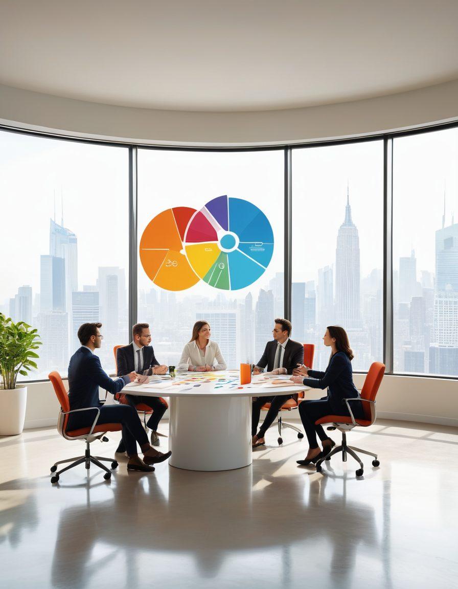 A vibrant office scene depicting a diverse group of professionals collaboratively brainstorming at a round table, with colorful charts and graphs scattered around. Bright light streaming through large windows, symbolizing growth and success. An abstract representation of upward arrows subtly integrated into the background, reflecting the concept of transformation and innovation. super-realistic. vibrant colors. white background.