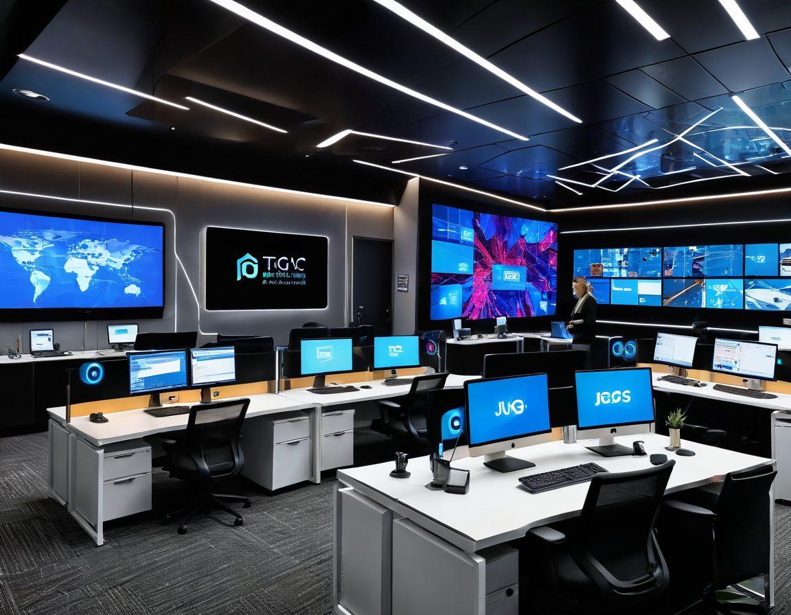 A futuristic office space bustling with professionals collaborating around high-tech desks, showcasing vibrant screens filled with analytics and creative brainstorms. In the background, a large digital display features the JTG Solutions logo, symbolizing innovation and enterprise transformation. Overlay dynamic geometric shapes representing data flow and connectivity. bright colors. 3D. professional aesthetic.