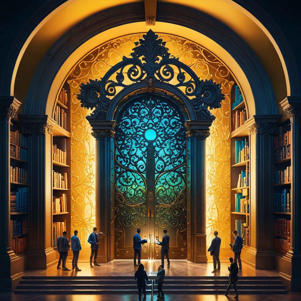 An abstract representation of a key unlocking a glowing vault filled with diverse resources like books, tools, and tech gadgets. Surrounding the vault are silhouettes of people collaborating and achieving success, embodying teamwork and innovation. The background features vibrant colors symbolizing growth and potential. A subtle light burst emanates from the vault, signifying discovery. super-realistic. vibrant colors. 3D.